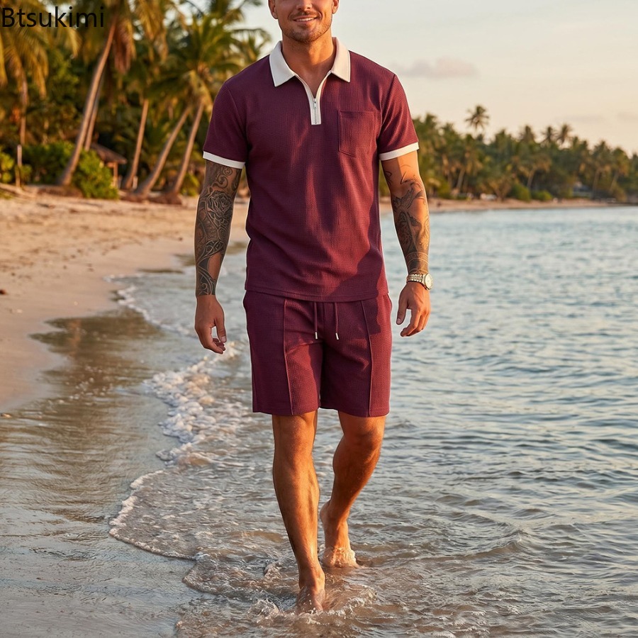 Mens Waffle Collar Polo Short  - đánh giá và giá Summer Clothing Vacation